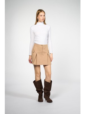 Thalure Kadın Camel Kargo Cepli Pileli Mini Etek