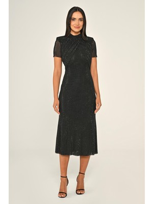 ALFABETA Kadın Normal Kalıp Parlak Taş Desenli Hafif Boğazlı Yaka Kısa Kollu Midi Siyah Abiye & Mezuniyet Elbisesi AB7038-SİYAH