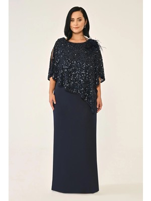 ALFABETA Kadın Geniş Kalıp Pul Detaylı Kısa Kollu Uzun Lacivert Abiye & Mezuniyet Elbisesi AB6895-LACİVERT