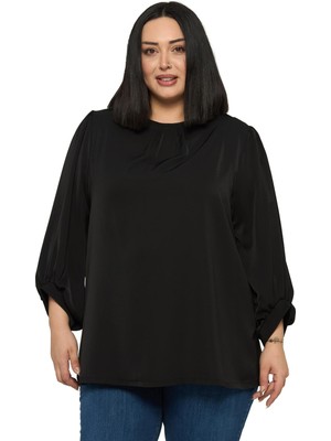 Disentis Modest Büyük Beden Yuvarlak Yaka Truvakar Büzgülü Kollu Rahat Kesim Siyah Bluz