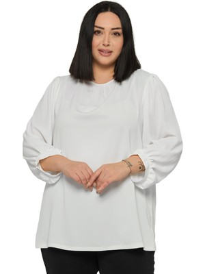 Disentis Modest Büyük Beden Yuvarlak Yaka Truvakar Büzgülü Kollu Rahat Kesim Beyaz Bluz