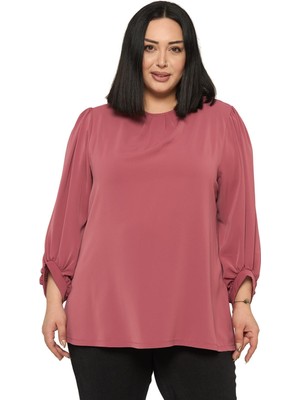 Disentis Modest Büyük Beden Yuvarlak Yaka Truvakar Büzgülü Kollu Rahat Kesim Gül Kurusu Bluz