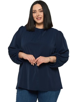 Disentis Modest Büyük Beden Yuvarlak Yaka Truvakar Büzgülü Kollu Rahat Kesim Lacivert Bluz