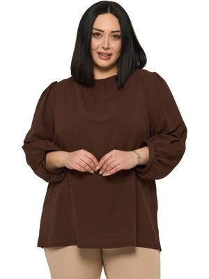 Disentis Modest Büyük Beden Yuvarlak Yaka Truvakar Büzgülü Kollu Rahat Kesim Kahverengi Bluz