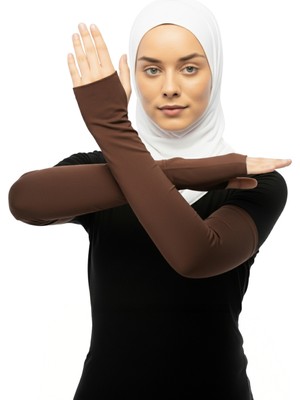 Altobeh Kesik Parmak Geçmeli Penye Tesettür Kolluk - Çikolata