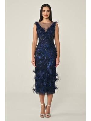 ALFABETA Kadın V Tüylü Yaka Uzun Pul Payet Şık Lacivert Abiye & Mezuniyet Elbisesi AB6898-LACİVERT