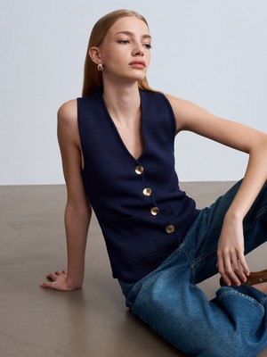 Dilvin 60294 Kadın Bisiklet Yaka Düğmeli Triko Yelek