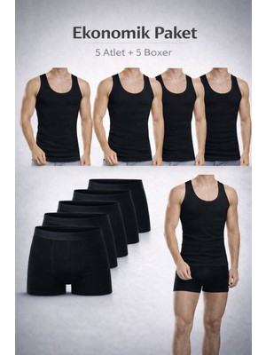 Qulat Erkek Atlet Boxer Seti 10’lu Ekonomik Paket – 5 Atlet + 5 Boxer Pamuklu Iç Giyim