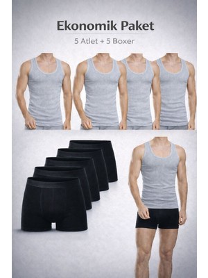 Qulat Erkek Atlet Boxer Seti 10’lu Ekonomik Paket – 5 Atlet + 5 Boxer Pamuklu Iç Giyim