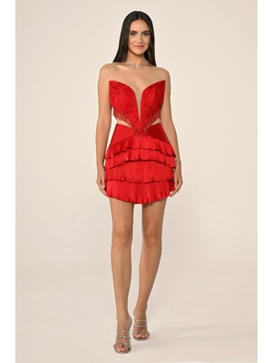 ALFABETA Kadın Straplez Dekolteli Saçak Boncuklu Piliseli Pencereli Mini Kırmızı Abiye & Mezuniyet Elbisesi AB6157-KIRMIZI