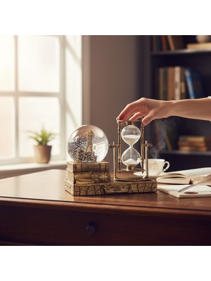PremiumPort Isme Özel Dekoratif Kum Saati ve Kar Küresi Seti – Vintage Masa Süsü