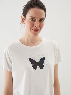 Lc Waikiki Yeni Sezon Bisiklet Yaka Kelebek Baskılı Kadın Tişört