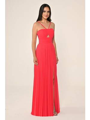 ALFABETA Kadın Ip Askılı Uzun Boy Pileli Boyundan Ip Bağlamalı Fuşya Abiye & Mezuniyet Elbisesi AB7135-A.FUŞYA