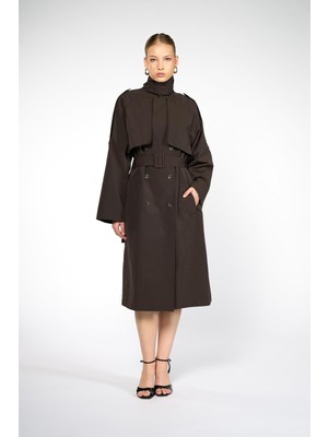Thalure Kadın Kahverengi Dik Yaka Trençkot