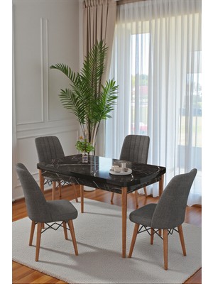 Kaktüs Avm 70X110 cm Mutfak Masası Takımı | 4 Kişilik Sabit Masa Sandalye Takımı | Yemek Masası | Masa Takımı - Siyah Mermer Masa - Antrasit