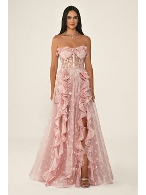 ALFABETA Kadın Straplez Yaka Tüy Detaylı Dökümlü Yırtmaçlı Pembe Abiye & Mezuniyet Elbisesi AB7131-PEMBE