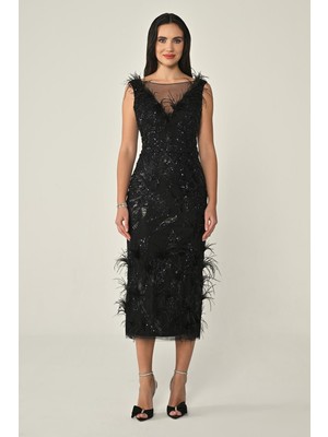 ALFABETA Kadın V Tüylü Yaka Uzun Pul Payet Şık Siyah Abiye & Mezuniyet Elbisesi AB6898-SİYAH