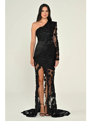 ALFABETA Kadın Kabartma Çiçek Desenli Kolu ve Bacağı Tül Detaylı Uzun Siyah Abiye & Mezuniyet Elbisesi AB7071-SİYAH