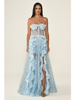 ALFABETA Kadın Straplez Yaka Tüy Detaylı Dökümlü Yırtmaçlı Mavi Abiye & Mezuniyet Elbisesi AB7131-A.MAVİ