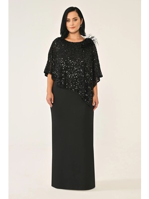 ALFABETA Kadın Geniş Kalıp Pul Detaylı Kısa Kollu Uzun Siyah Abiye & Mezuniyet Elbisesi AB6895-SİYAH