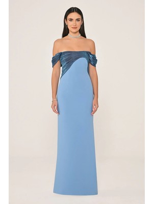 ALFABETA Kadın Kayık Saten Kumaş Desenli Kayık Yaka Uzun Şık Mavi-Indigo Abiye & Mezuniyet Elbisesi AB6890-MAVİ-İND