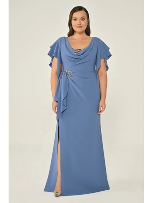 ALFABETA Kadın Kısa Hareketli Kol Degaje Yaka Bel Köşesi ve Gögüs Arası Taş Desenli Indigo Abiye & Mezuniyet Elbisesi AB6884-İNDİGO