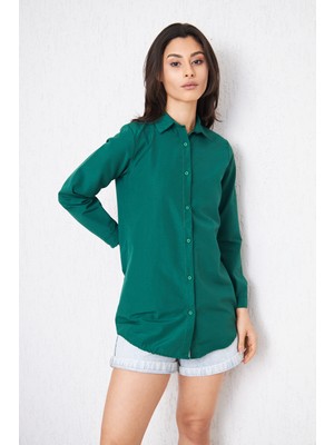 Comstar Kadın Uzun Kollu Düğmeli Basic Yeşil Tunik Gömlek