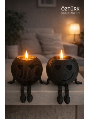 Öztürk Organizasyon Gülümseyen Ayaklı Dekoratif Mumluk Seti Siyah – 2’li Kalpli Yüz Tasarım | Ev & Ofis Dekoru