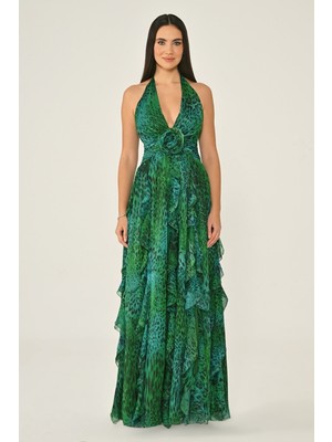 ALFABETA Kadın Leopar Desenli Uzun Kalem Model Yeşil-Leopar Abiye & Mezuniyet Elbisesi AB7013-YEŞ/LEO