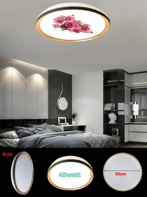 Gökyüzü Panel 50CM Yuvarlak Avize, Gül Baskı,güçlü Işık,  Gold Ledli Tavan Armatürü, 45WATT, Beyaz Işık, 7000K,