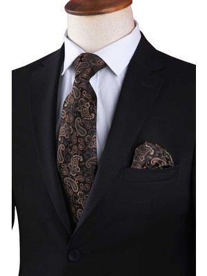 Kravatkolik Kahverengi Şal Desen Mendilli Klasik Kravat KK13121