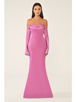 ALFABETA Kadın Omuz Açık Straplez Uzun Şık Gece Gülkurusu Abiye & Mezuniyet Elbisesi AB6613-GUL