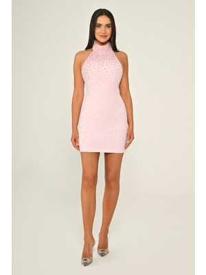 ALFABETA Kadın Boncuk Işlemeli Boyundan Bağlamalı Kolsuz Dar Kalıp Mini Pembe Abiye & Mezuniyet Elbisesi AB7039-PEMBE