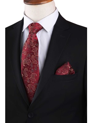 Kırmızı Şal Desen Mendilli Klasik Kravat KK13210