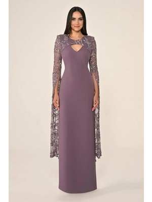 ALFABETA Kadın V Yaka Uzun Dokuma Kumaş Yuvarlak Yaka Pul Payet Tül Detay Lila Abiye & Mezuniyet Elbisesi AB7007-LİLA