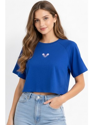 Softandbasic Kadın Nakışlı Regular %100 Organik Pamuk Yuvarlak Yaka Kısa Crop T-Shirt