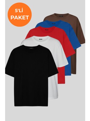 Softandbasic Kadın 5'li Tişört Paketi %100 Organik Pamuk Oversize Fit Basic Yuvarlak Yaka T-Shirt