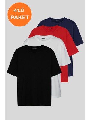 Softandbasic Kadın 4'lü %100 Organik Pamuk Oversize Fit Basic Yuvarlak Yaka T-Shirt