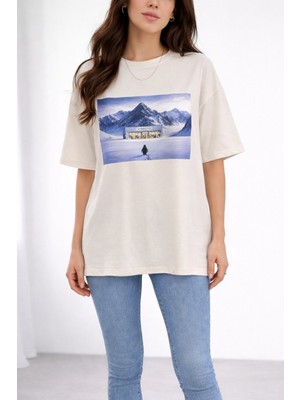 Softandbasic Kadın %100 Organik Pamuk Baskılı Bisiklet Yaka T-Shirt