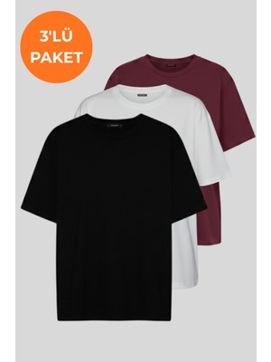 Softandbasic Kadın 3'lü %100 Organik Pamuk Oversize Fit Basic Yuvarlak Yaka T-Shirt