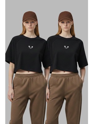 Softandbasic Kadın 2'li Nakışlı Regular %100 Organik Pamuk Yuvarlak Yaka Kısa Crop T-Shirt