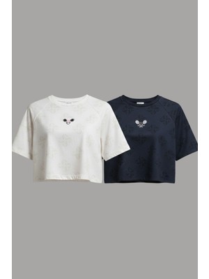 Softandbasic Kadın 2'li Nakışlı %100 Organik Pamuk Bisiklet Yaka Kısa Crop T-Shirt