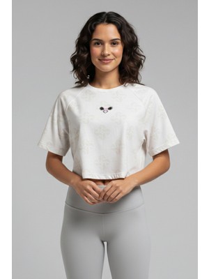 Softandbasic Kadın Nakışlı %100 Organik Pamuk Bisiklet Yaka Kısa Crop T-Shirt