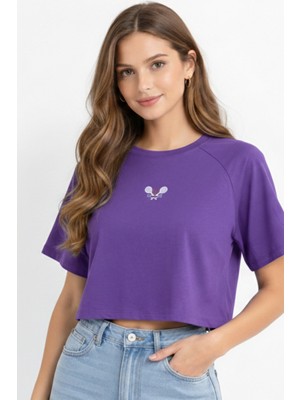 Softandbasic Kadın Nakışlı Regular %100 Organik Pamuk Yuvarlak Yaka Kısa Crop T-Shirt