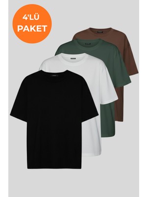 Softandbasic Kadın 4'lü %100 Organik Pamuk Oversize Fit Basic Yuvarlak Yaka T-Shirt