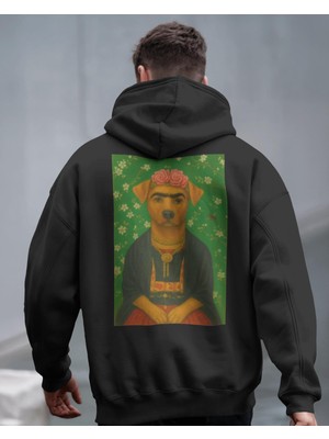 Muhtar Store Frida Köpek Tasarımlı Siyah Unisex Kapüşonlu Sweatshirt – Sanatsal & Retro Hoodie