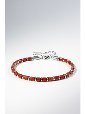 HERİF Erkek Kırmızı Jasper & Hematit Doğal Taş Çelik Bileklik – 19+3cm Ayarlanabilir