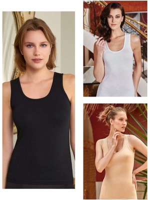 Kit Iç Giyim Berrak 2127 3'lü Siyah - Beyaz ve Ten Renkler Kalın Askılı Kadın Atlet