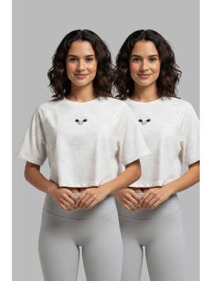 Softandbasic Kadın 2'li Nakışlı %100 Organik Pamuk Bisiklet Yaka Kısa Crop T-Shirt