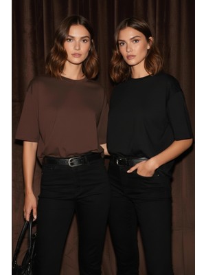 Softandbasic Kadın 2'li %100 Organik Pamuk Oversize Fit Basic Yuvarlak Yaka T-Shirt